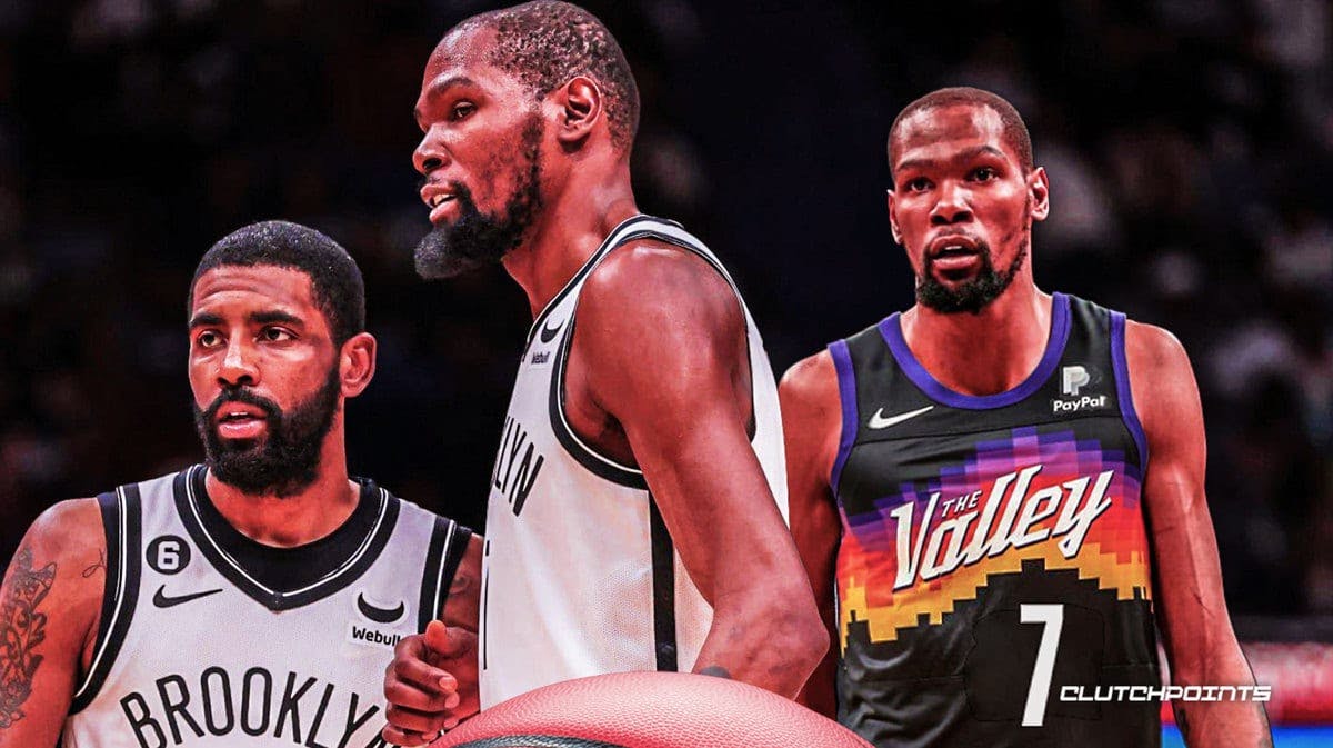 Kevin Durant and Kyrie Irving in Nets jerseys, with Durant in Suns jersey