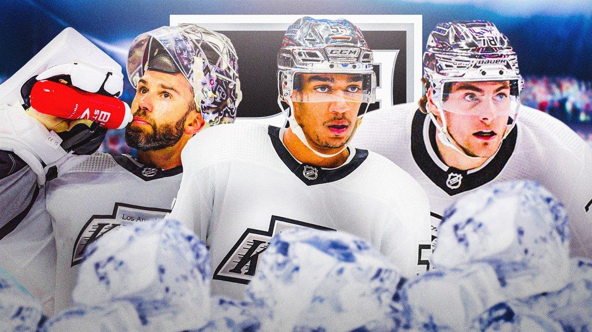 Quinton Byfield, Cam Talbot, Alex Laferriere all in image, LA Kings logo in image, hockey rink in background