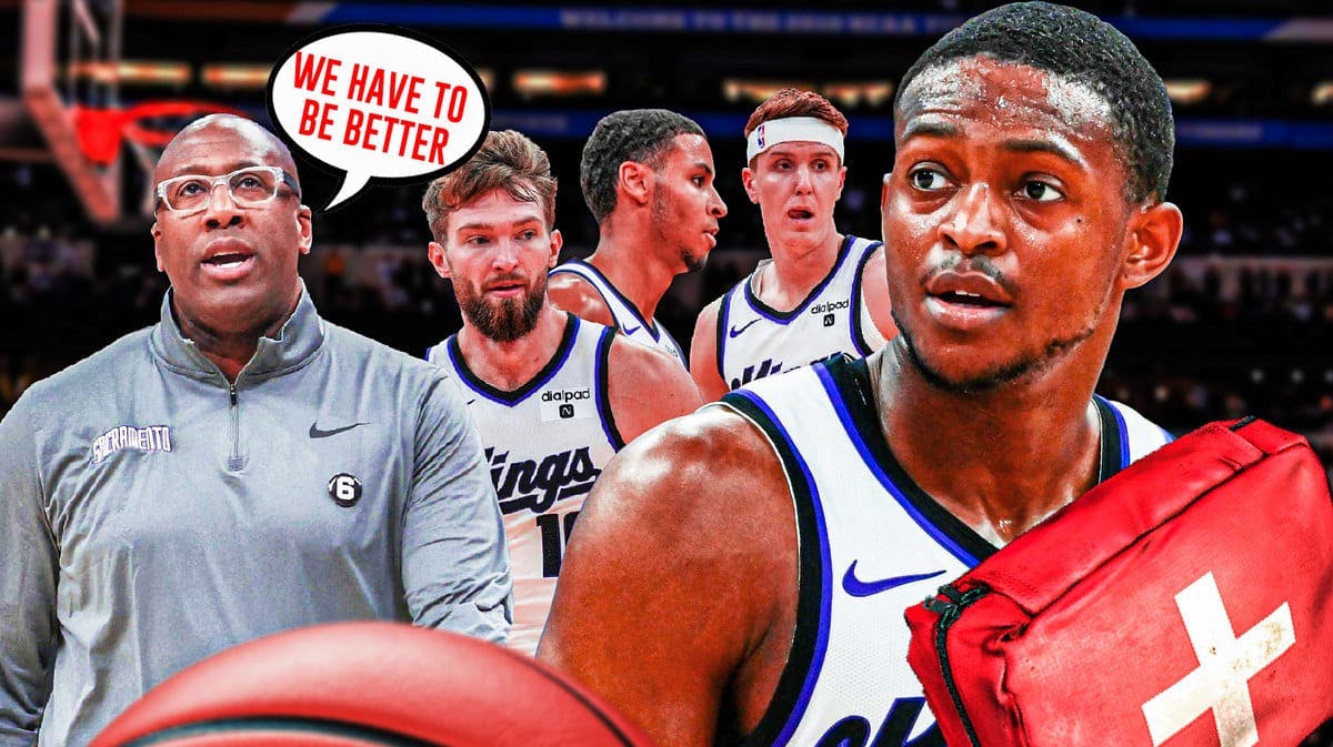 Kings' Mike Brown saying "We have to be better" next to Domantas Sabonis, Keegan Murray, Kevin Huerter and De'Aaron Fox