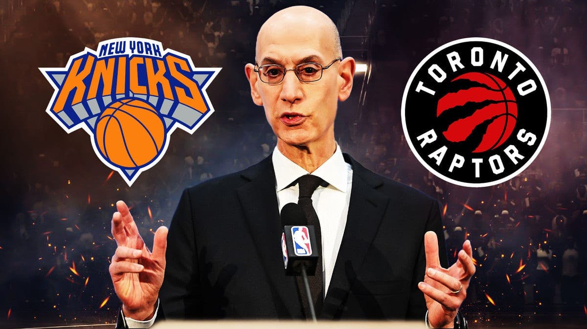 New York Knicks and Toronto Raptors logos in background. Adam Silver in front looking serious.