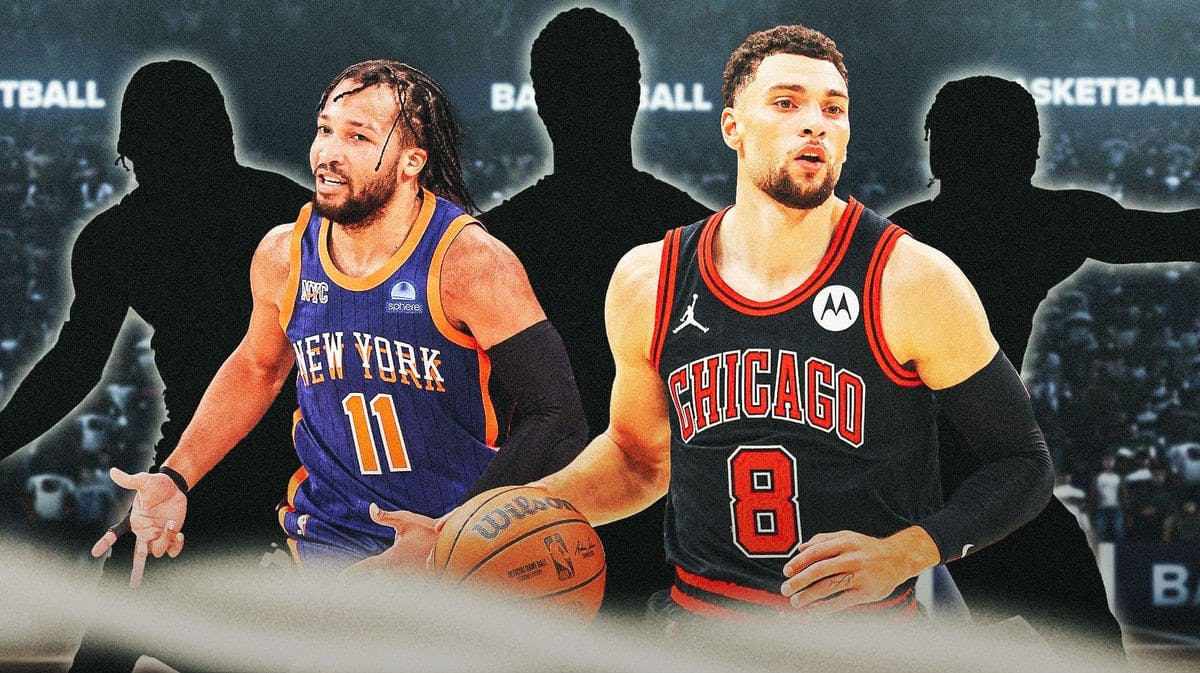 Zach LaVine and Jalen Brunson in the middle, three Mystery Players around them, and the New York Knicks wallpaper in the background.