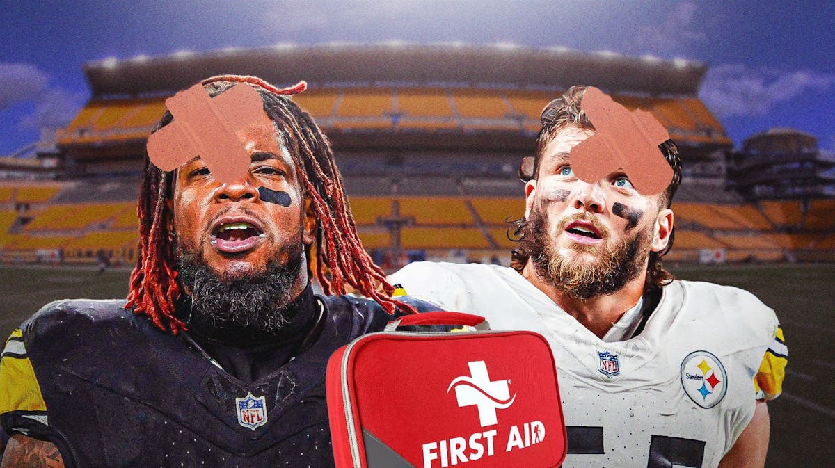 Steelers linebacker Kwon Alexander on the left with a band-aid on head. Steelers linebacker Cole Holcomb on right with bandage on head.