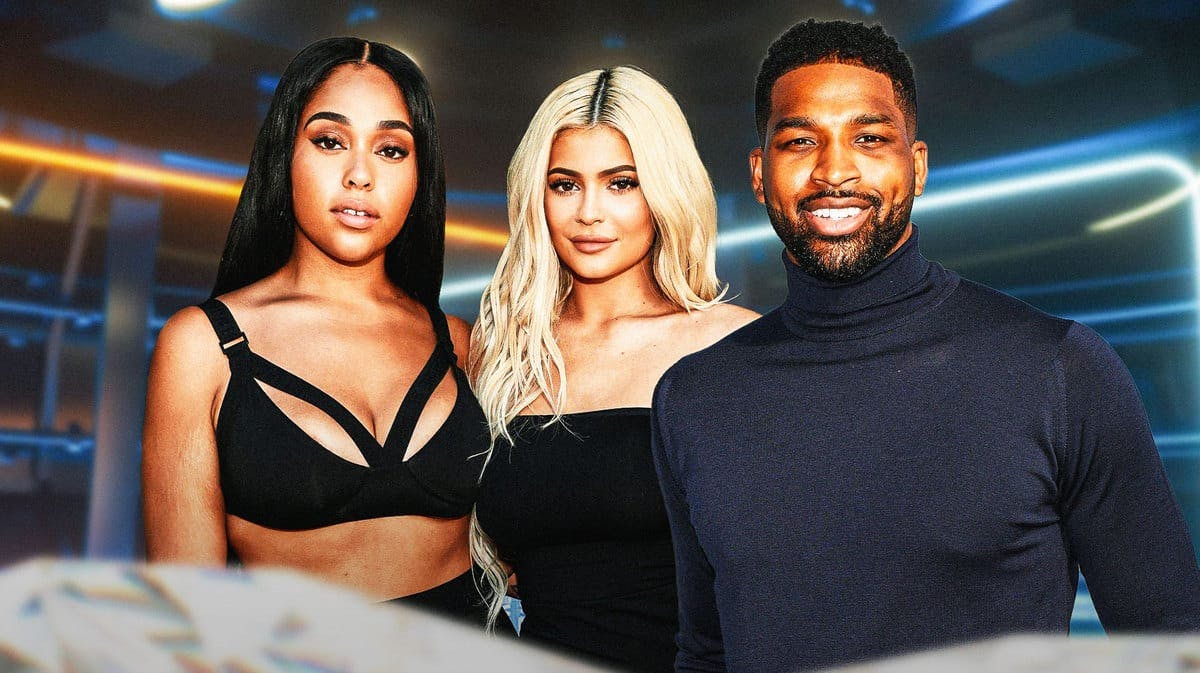 Kylie Jenner, Jordyn Woods and Tristan Thompson with lights behind them.