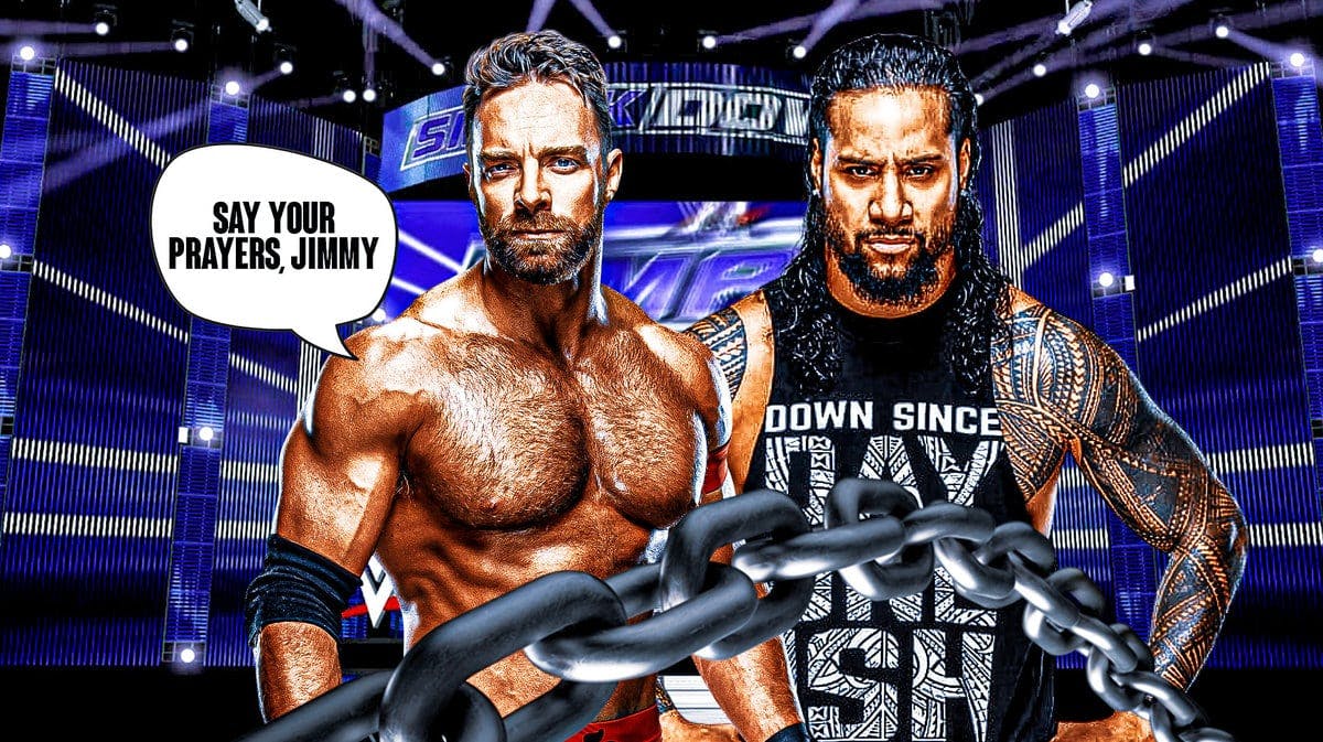 LA Knight with a text bubble reading “Say your prayers, Jimmy” the next to Jimmy Uso with the SmackDown logo as the background.