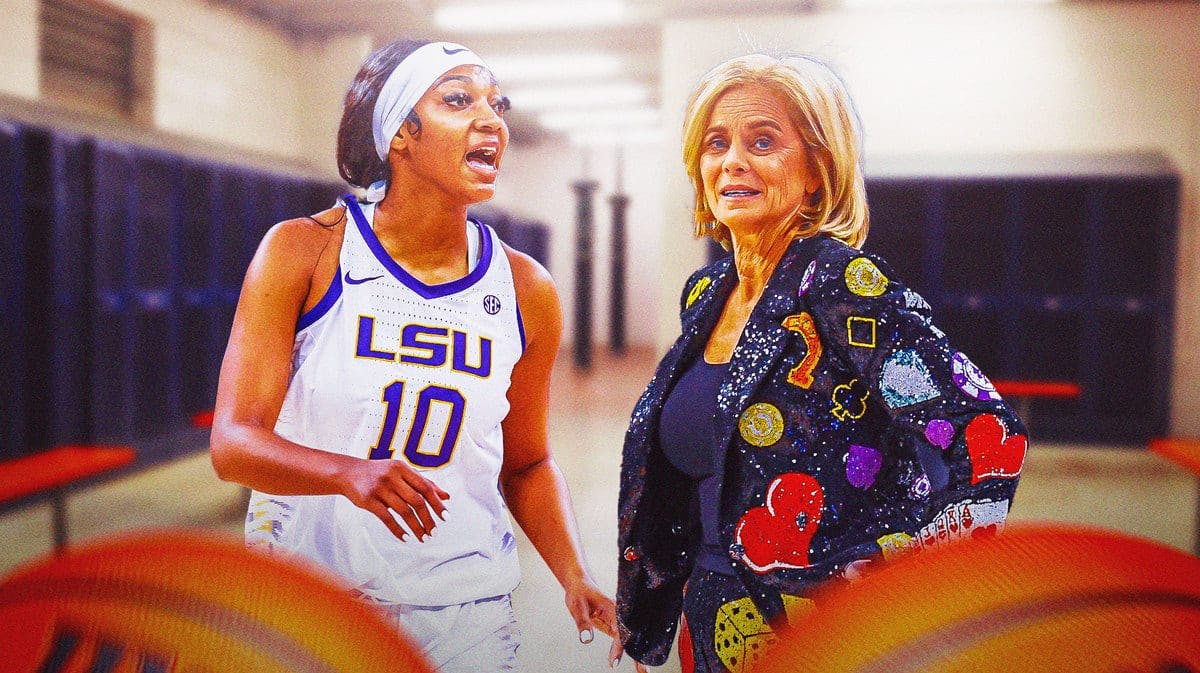 LSU women’s basketball player Angel Reese and LSU women’s basketball coach Kim Mulkey in a locker room