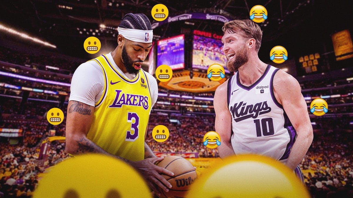 Lakers' Anthony Davis looking sad, with Kings' Domantas Sabonis laughing, with grimace emojis over Davis and rofl emojis all over Sabonis