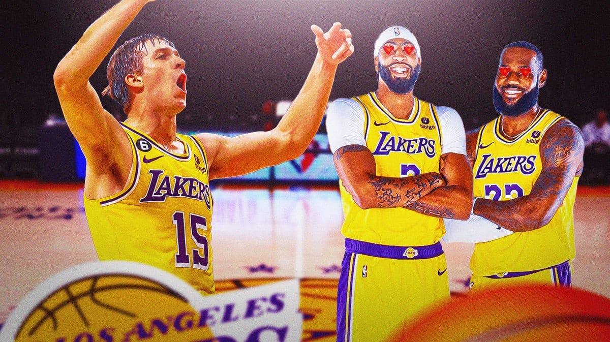 Lakers' Austin Reaves hyped up, with LeBron James and Anthony Davis heart eyes towards Reaves