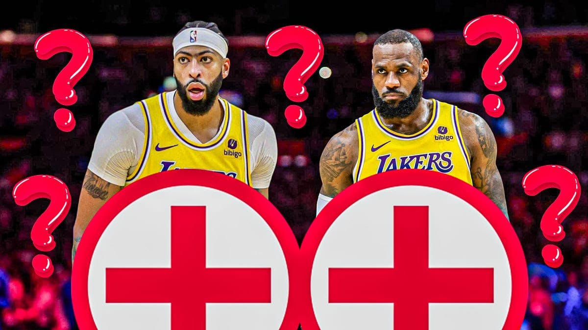 Lakers' Anthony Davis and LeBron James with red medical symbols and question marks