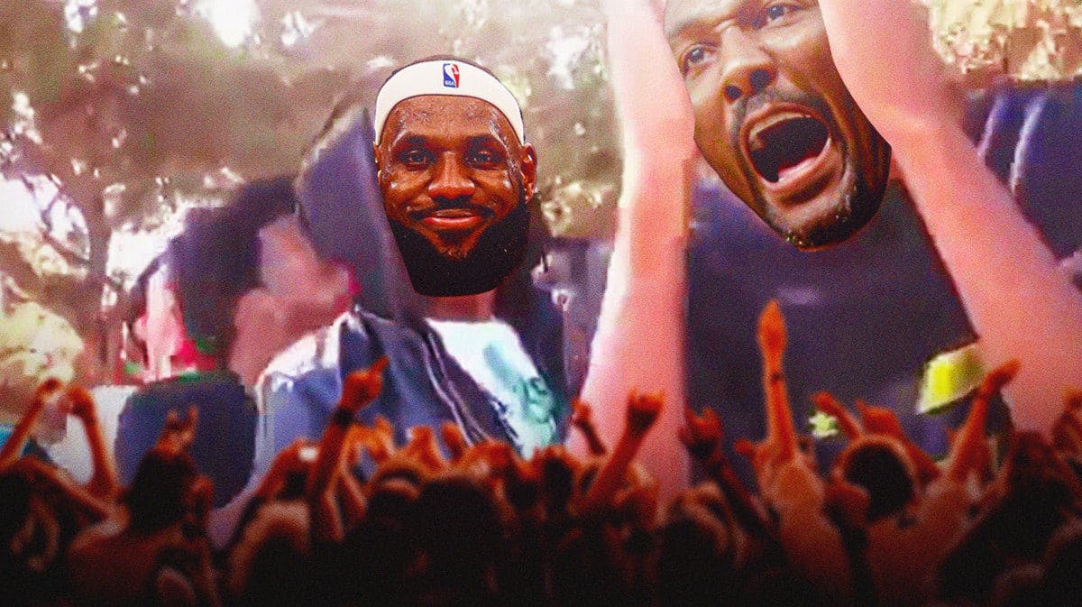 LeBron James of the Lakers as the guy in the hoodie and Karl Malone as the guy on the right with hands on face