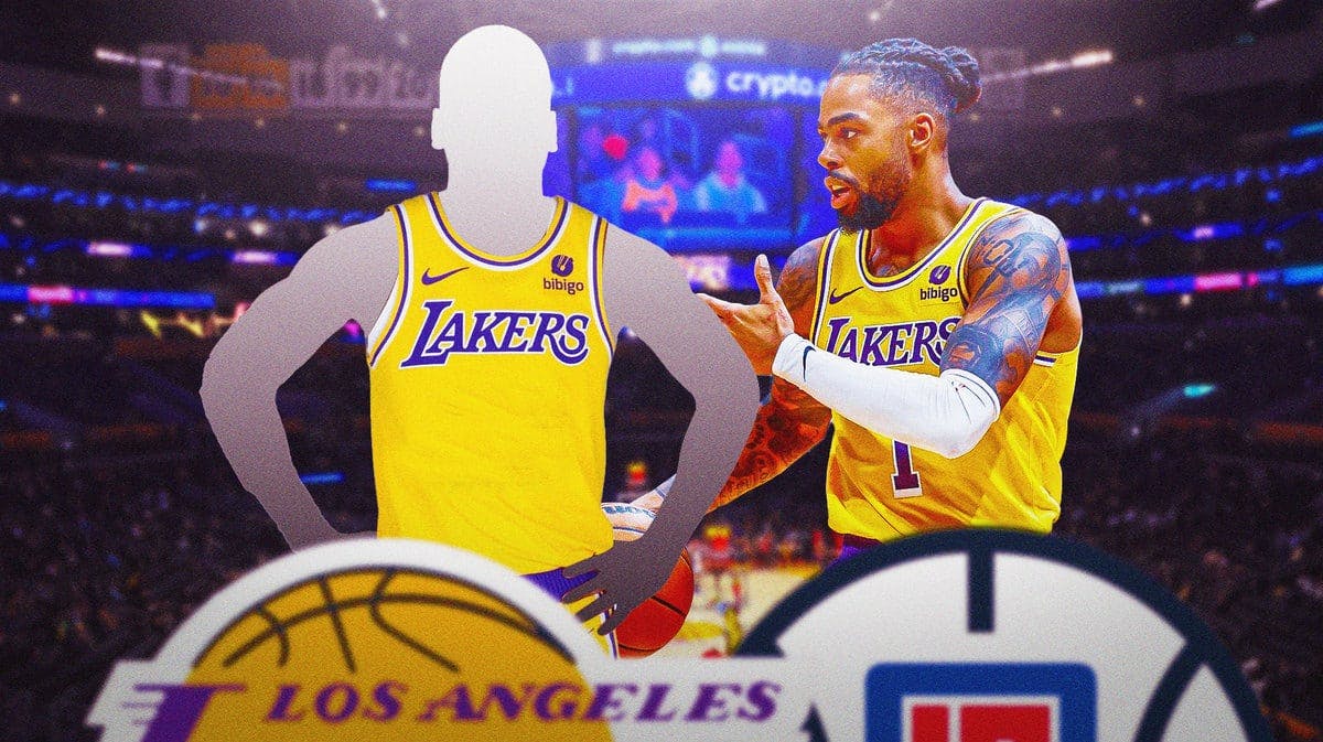 A Lakers player in middle of image silhouetted on one side, D’Angelo Russell on other side, Lakers and Clippers logos, basketball court in background