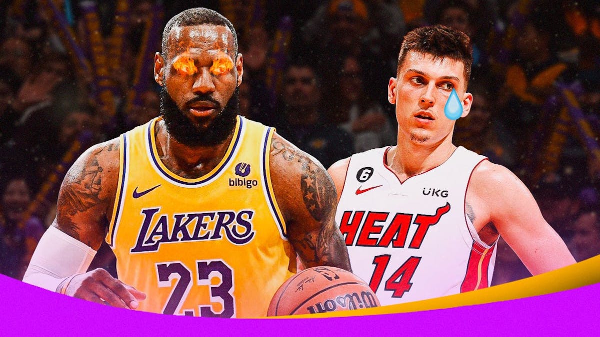 Lakers' LeBron James with fire in his eyes. Heat’s Tyler Herro with animated tears
