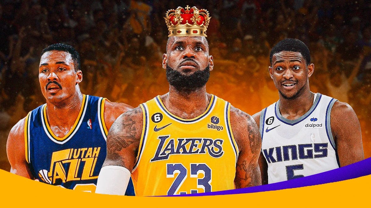 Lakers LeBron James with Karl Malone and Kings DeAaron Fox