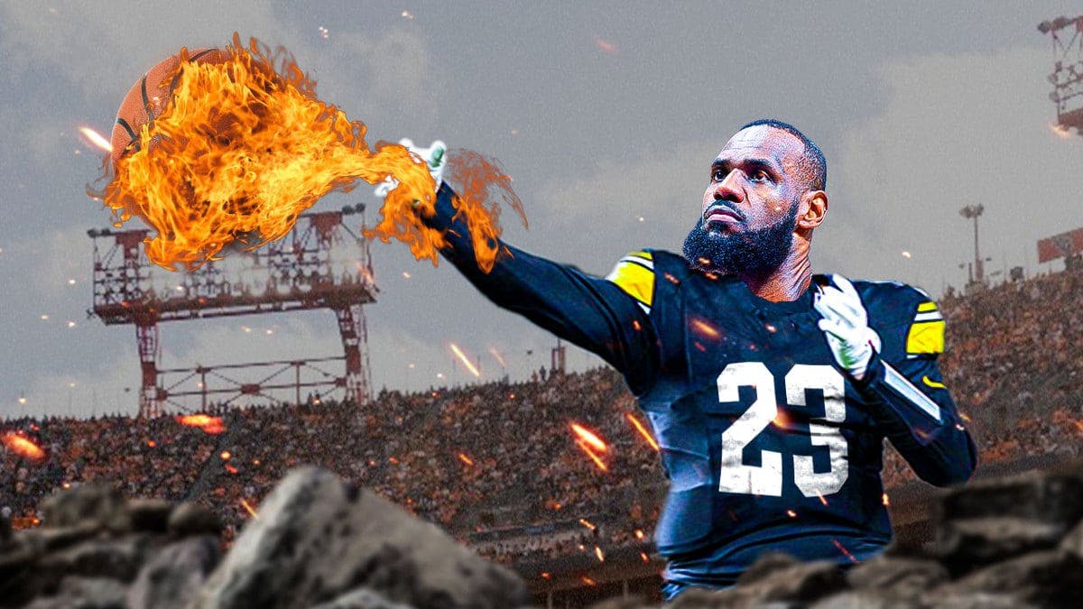 Lakers star LeBron James in Steelers jersey while throwing the basketball on fire