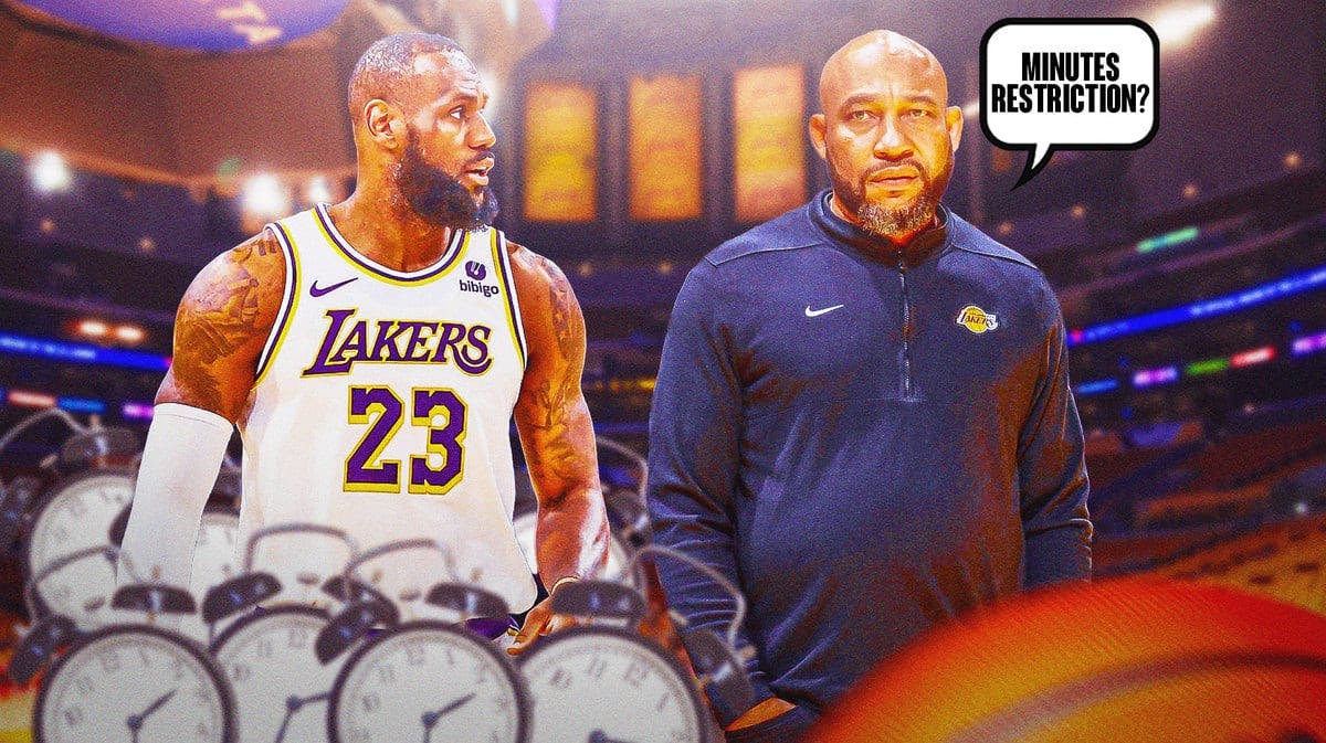 LeBron James next to Lakers coach Darvin Ham. Ham saying "Minutes restriction?" with alarm clocks around James.