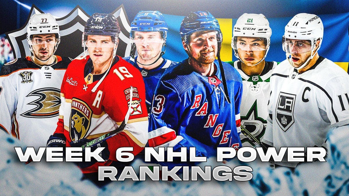 Week 6 NHL Power Rankings Frank Vatrano, Matthew Tkachuk, JT Miller, Alexis Lafreniere, Jason Robertson and Anze Kopitar all in image, NHL logo, Sweden flag and hockey rink in background