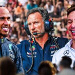 F1 Mercedes legend Lewis Hamilton with Red Bull boss Christian Horner and Toto Wolff