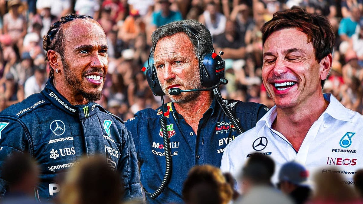 F1 Mercedes legend Lewis Hamilton with Red Bull boss Christian Horner and Toto Wolff