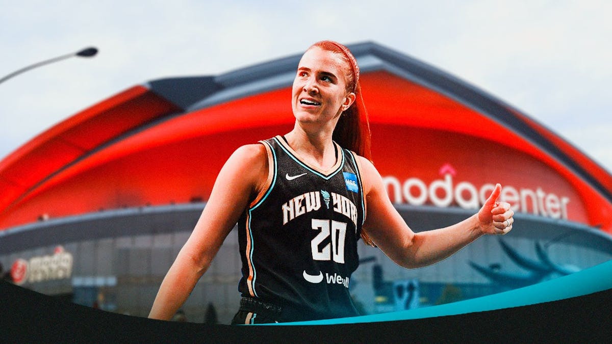 Sabrina Ionescu in her New York Liberty uniform in front of the Moda Center in Portland