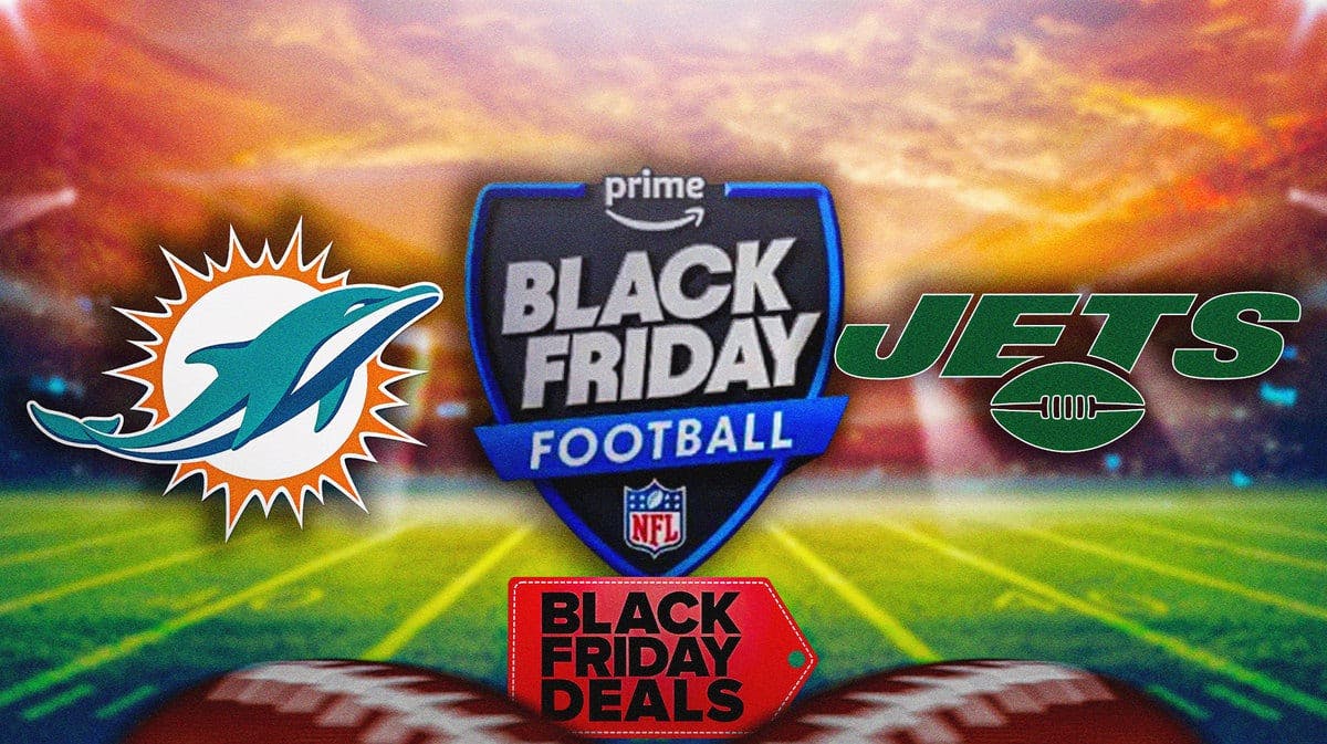 Logos for Prime’s Black Friday football game between Dolphins and Jets, and Amazon’s Black Friday shopping deals