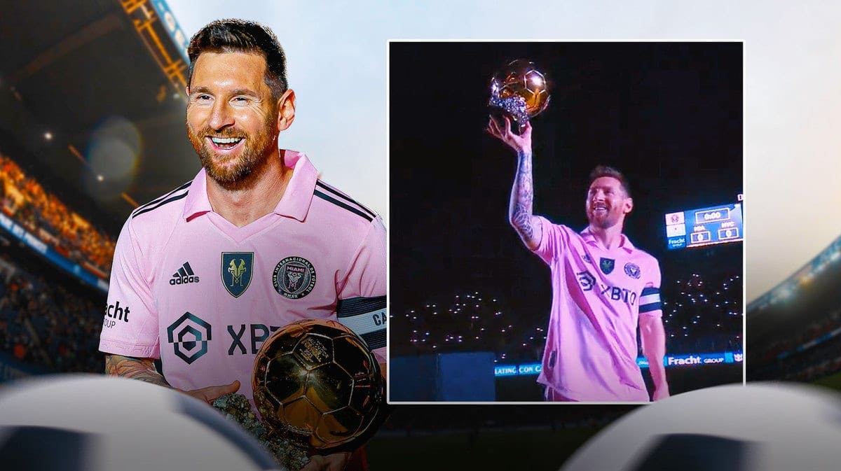 Lionel Messi holding the Ballon d’Or from last week when he won it, a screenshot of the tweet video below at 42-second mark please