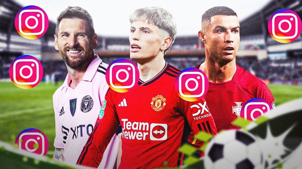 Lionel Messi, Alejandro Garnacho and Cristiano Ronaldo, Instagram logos around them
