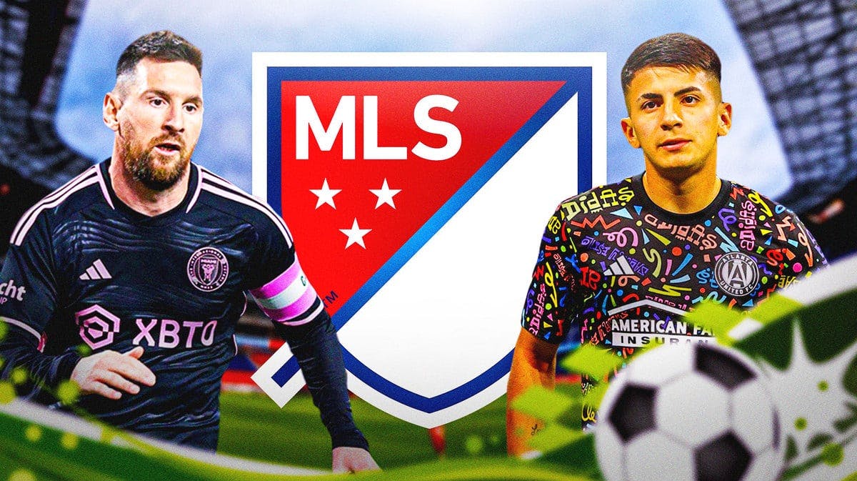 Lionel Messi and Thiago Almada in front of the MLS logo