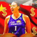 WNBA player Liz Cambage in her Los Angeles Sparks uniform in front of the Chinese flag with dollar signs in her eyes and around the image