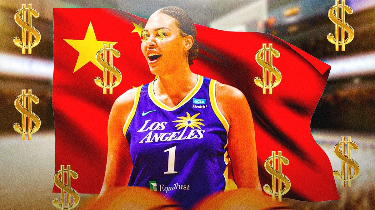 WNBA player Liz Cambage in her Los Angeles Sparks uniform in front of the Chinese flag with dollar signs in her eyes and around the image