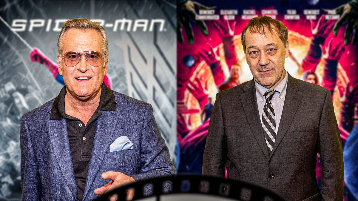 Bruce Campbell and Sam Raimi in front of posters of Spider-Man and Doctor Strange in the Multiverse of Madness.