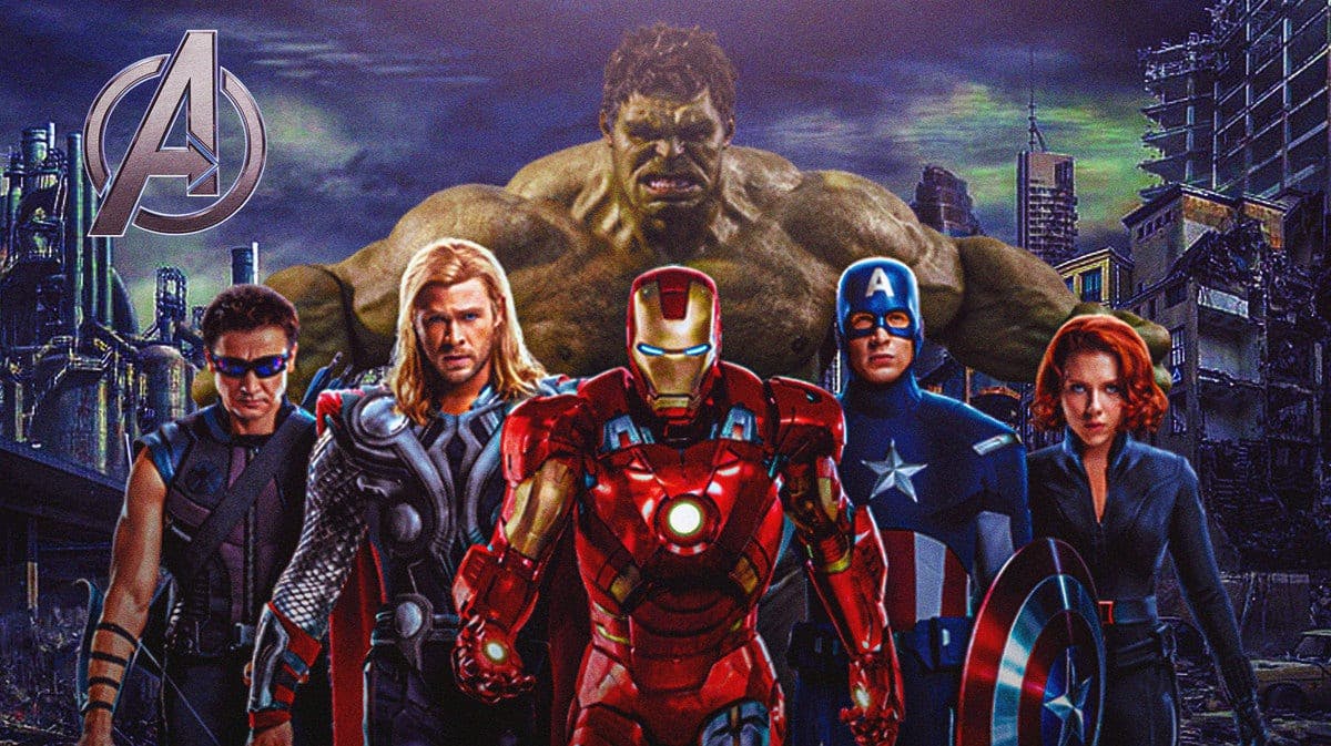 MCU Avengers logo and team with Hulk, Hawkeye, Thor, Iron Man, Captain America, and Black Widow.