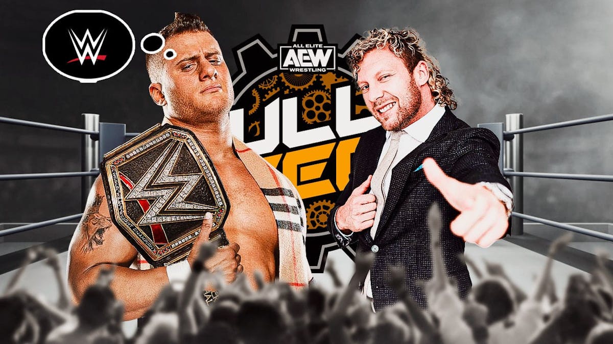 MJF with a thought bubble with the WWE logo inside of it next to Kenny Omega with the 2023 AEW Full Gear logo as the background.
