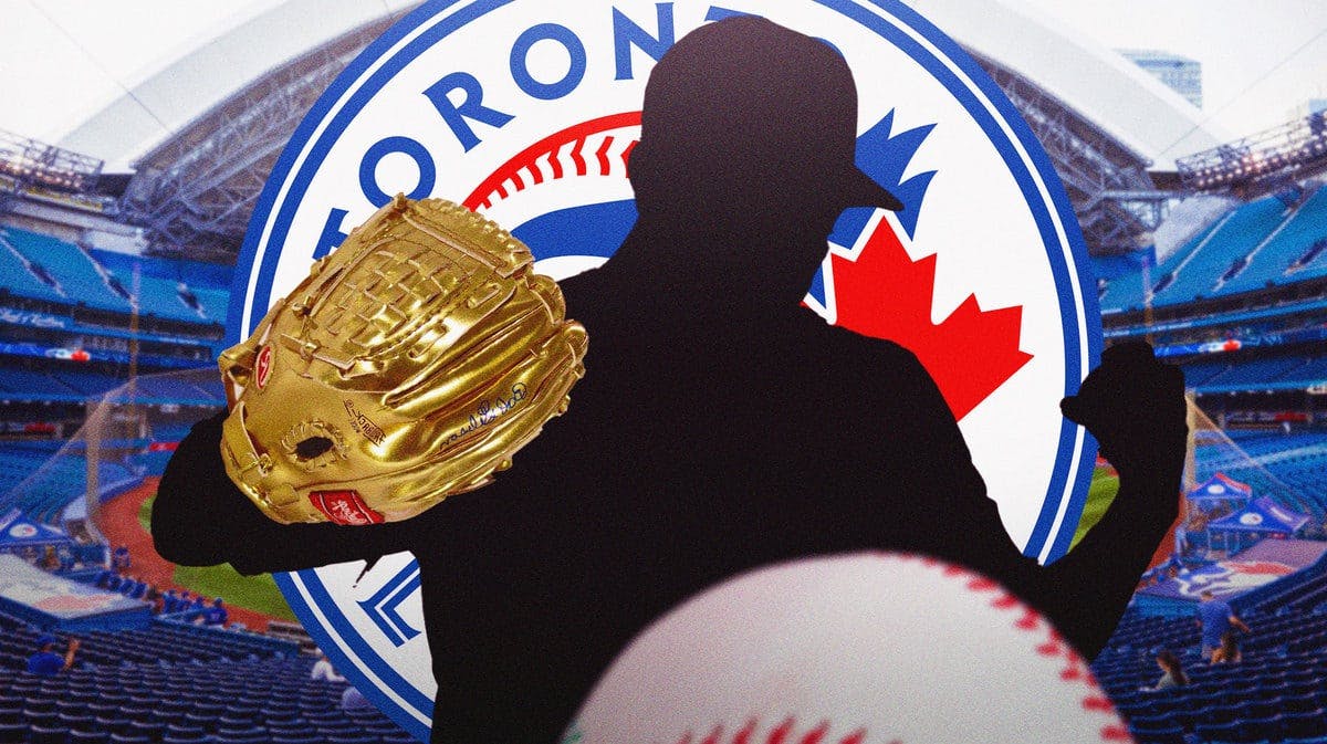 Blue Jays logo with silhouette baseball player wearing gold glove