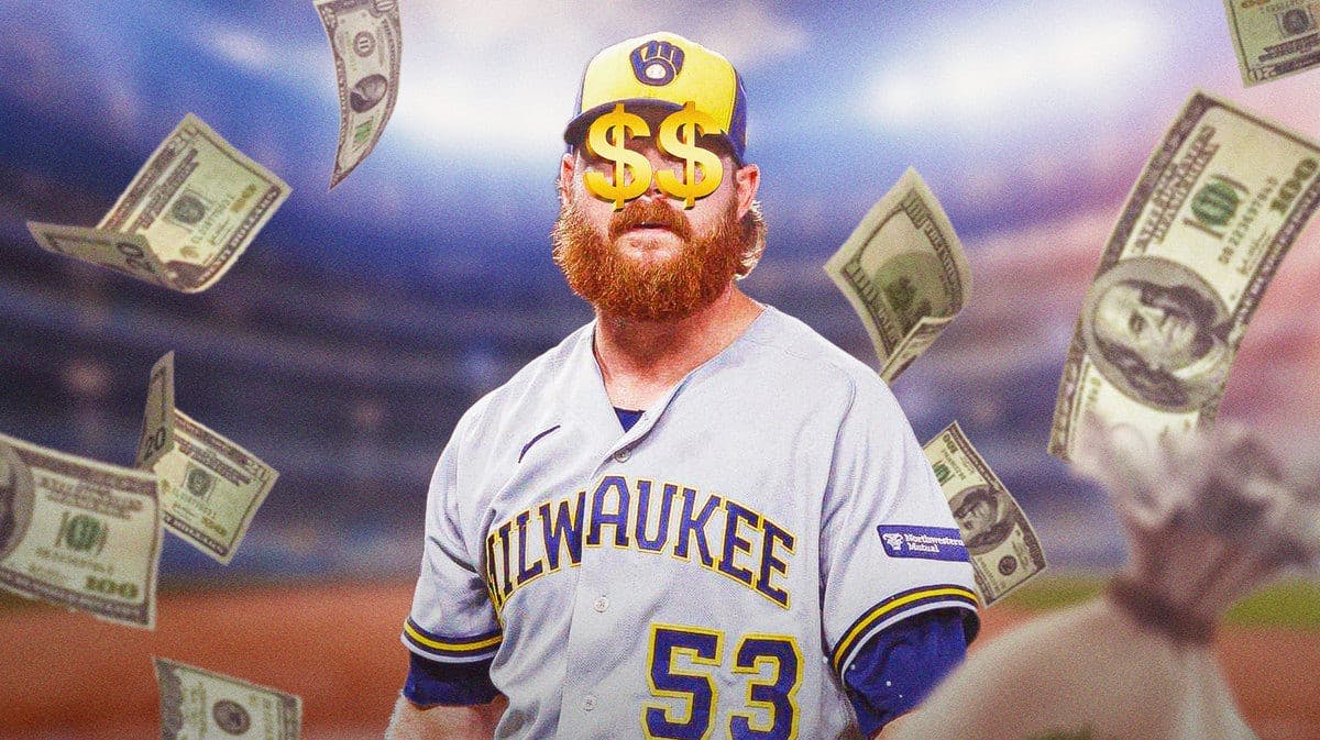 Action shot of Brandon Woodruff (Brewers) with dollar symbols on his eyes
