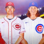 Shane Bieber in a Reds jersey next to Tyler Glasnow in a Cubs jersey