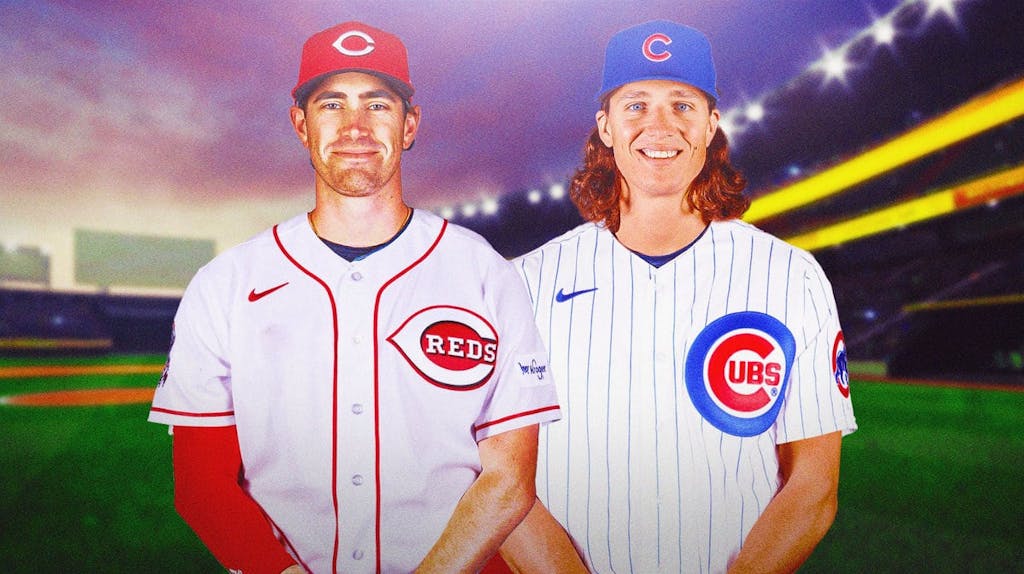 Shane Bieber in a Reds jersey next to Tyler Glasnow in a Cubs jersey