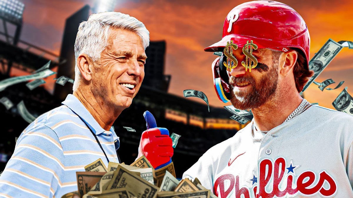 Bryce Harper smiling in Phillies jersey with money signs in his eyes, Dave Dombrowski beside him smiling, Citizens Bank Park as background