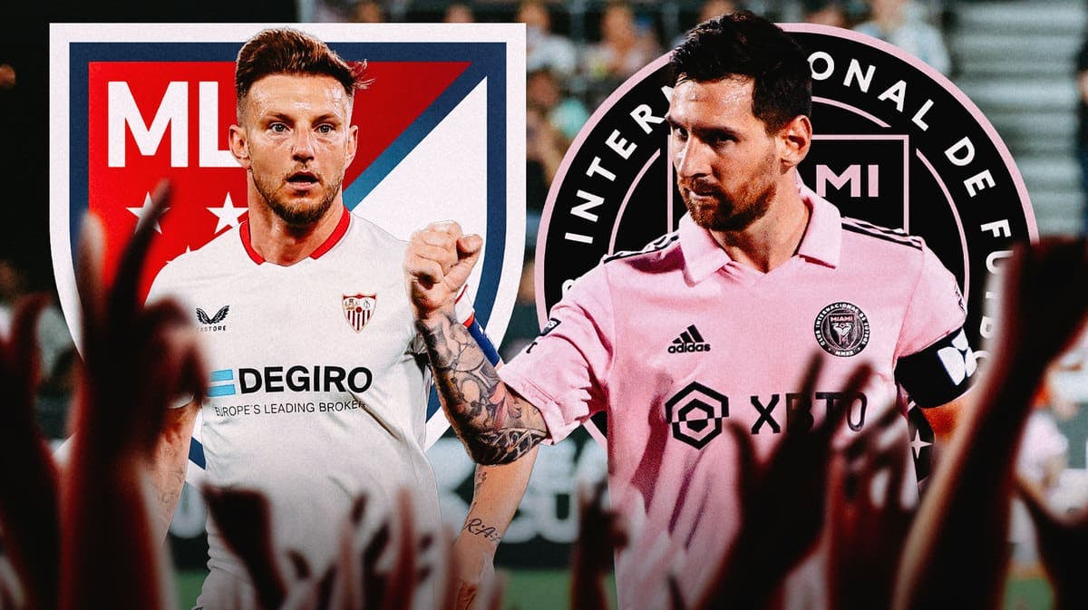 Lionel Messi and Ivan Rakitic in front of the MLS and Inter Miami logos