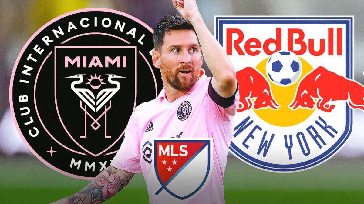Lionel Messi in front of the New York Red Bulls and Inter Miami and MLS logos