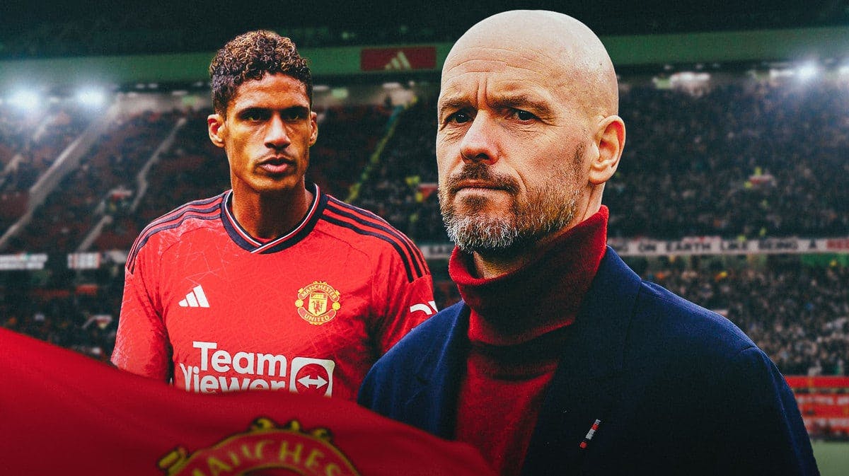 Erik ten Hag and Raphael Varane in front of the Manchester United logo