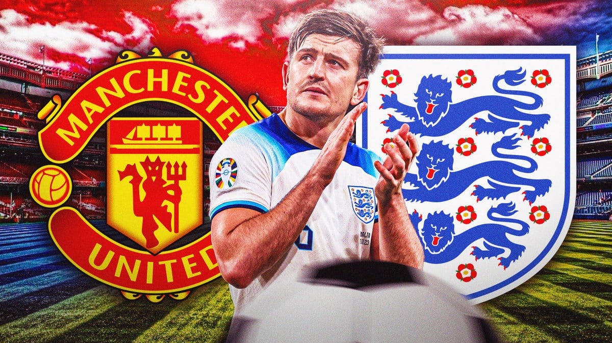 Harry Maguire in front of the Manchester United and England soccer logo