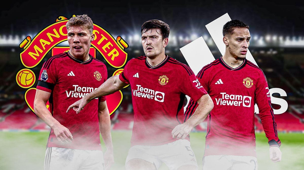 Rasmus Hojlund, Antony, Harry Maguire in front of the Manchester United and Adidas logos