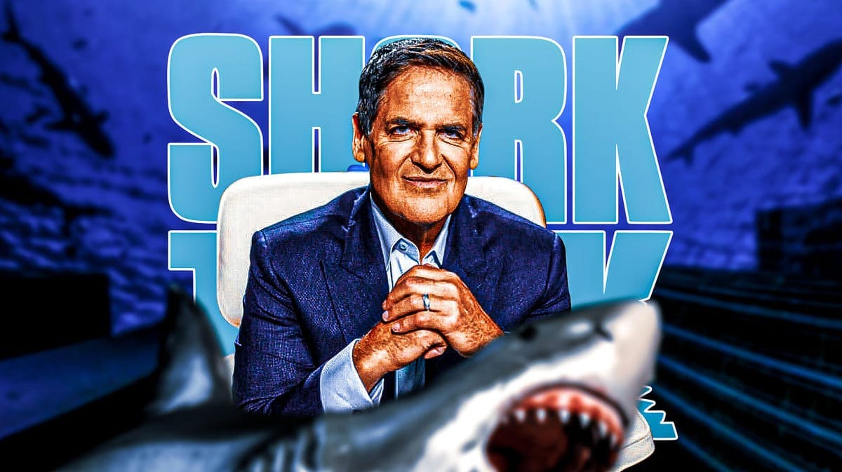 Mark Cuban with a Shark Tank logo and great white shark.