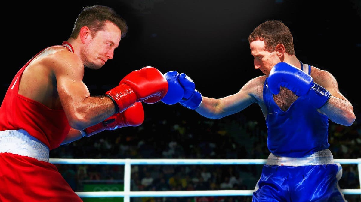 Mark Zuckerberg and Elon Musk in a boxing ring with fists up