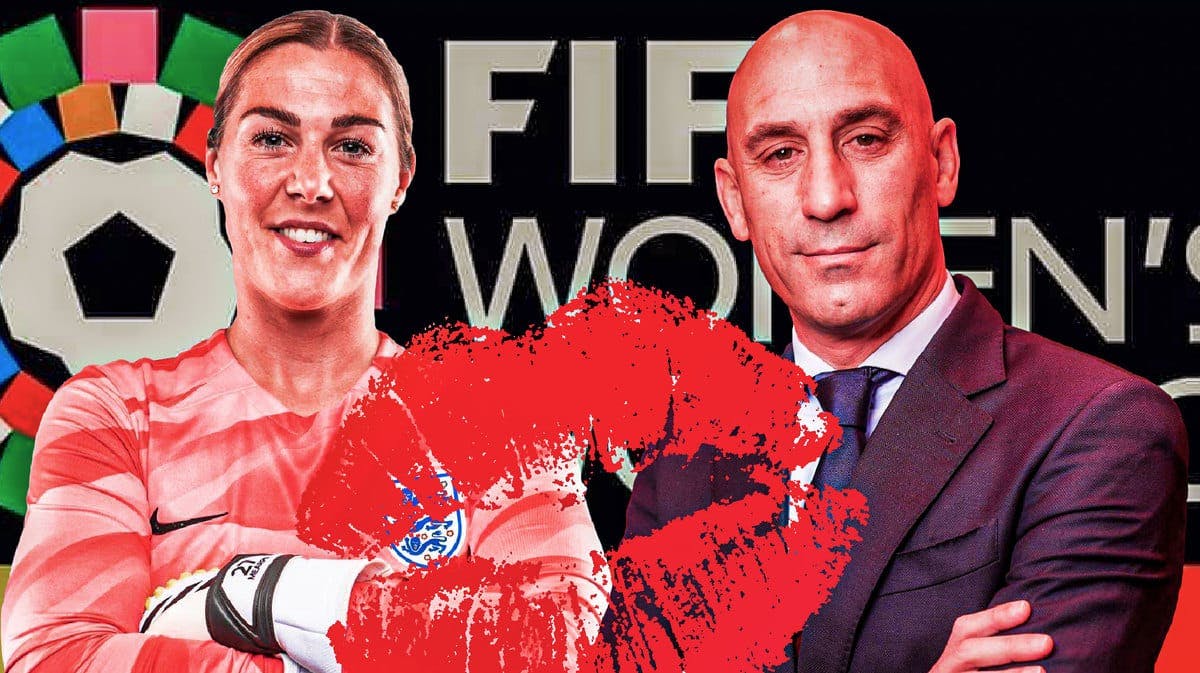 Mary Earps and Luis Rubiales in front of the Women’s World Cup logo with a kiss mark in front of them