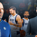 Mavs' Jason Kidd on the left angry at McMahon, with Kyrie Irving and Luka Doncic laughing beside Kidd, with ESPN’s Tim McMahon on the right