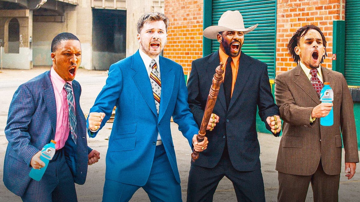 Luka Doncic, Kyrie Irving, Dereck Lively II, and Grant Williams of the Mavs as the guys from The Anchorman