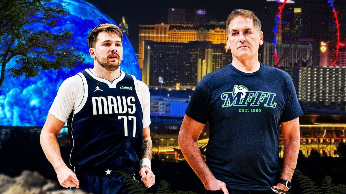 Mark Cuban with Mavs and Jason Kidd mentee Luka Doncic with the Las Vegas backdrop