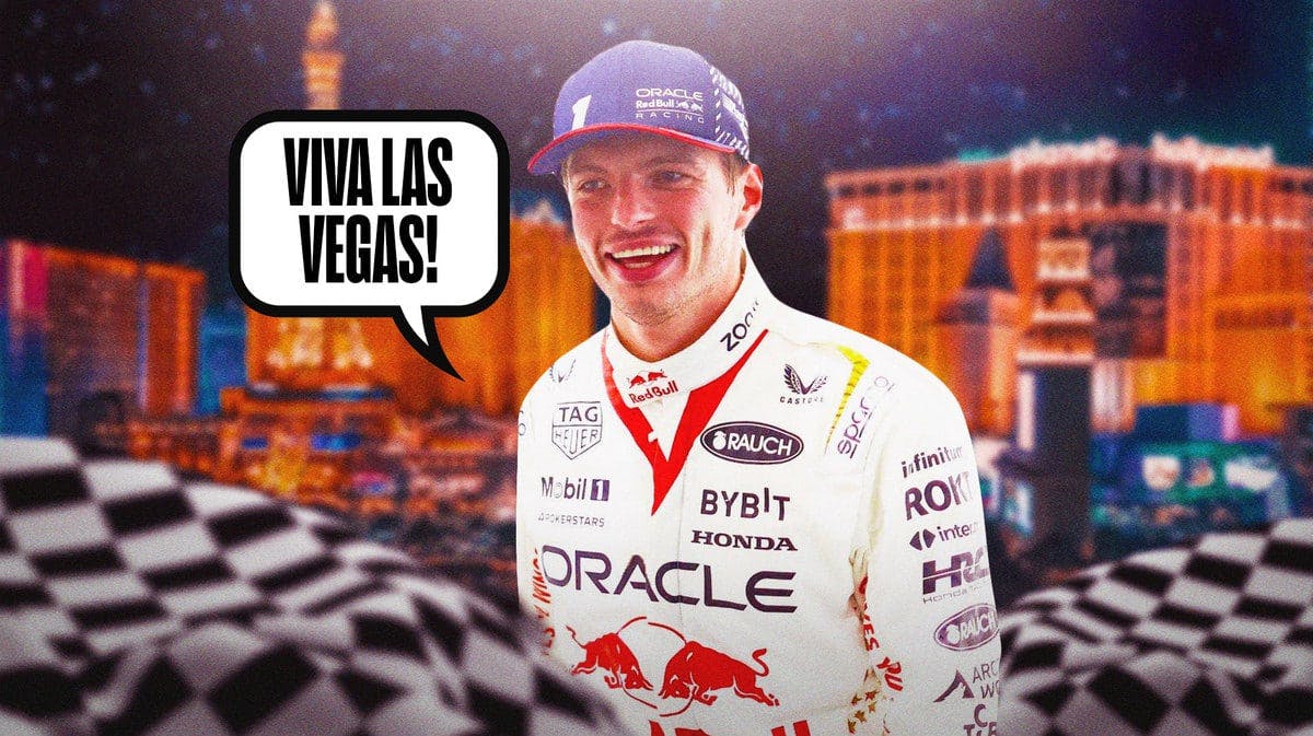 Max Verstappen saying “Viva Las Vegas!”, Las Vegas strip in background