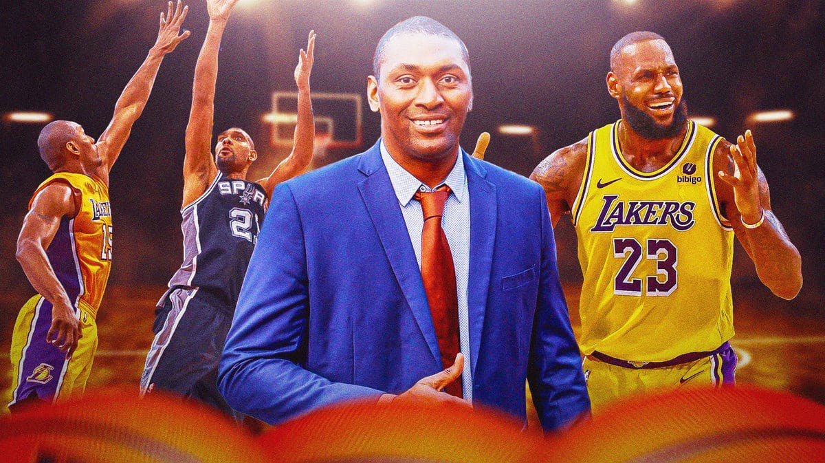 Lakers' Ron Artest guarding Spurs' Tim Duncan on the left, with smiling Metta World Peace in the middle and a confused LeBron James on the right