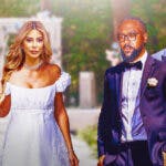 Michael Jordan, Marcus Jordan in suits, Larsa Pippen on other side as a bride walking down the aisle